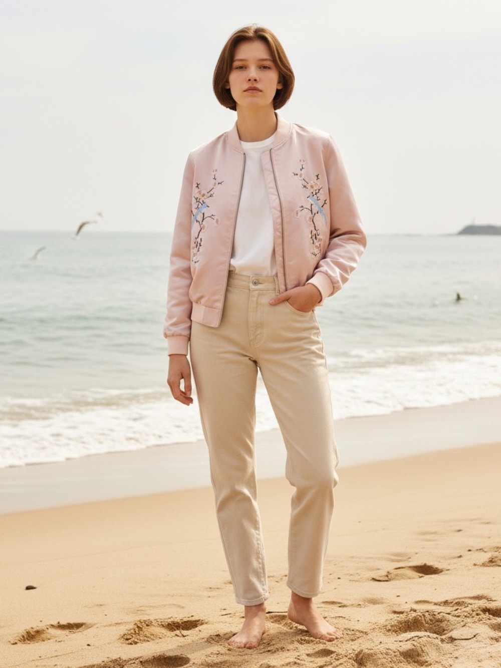 Women's Embroidered Bomber Jacket - Light Pink - ci sono medium women’s satin